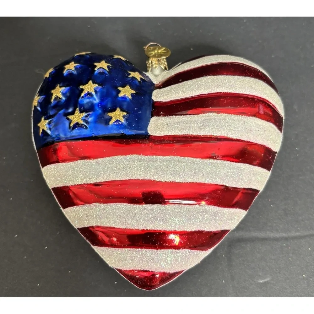 Christopher Radko American Heart Glass Christmas Ornament Glitter Patriotic Flag